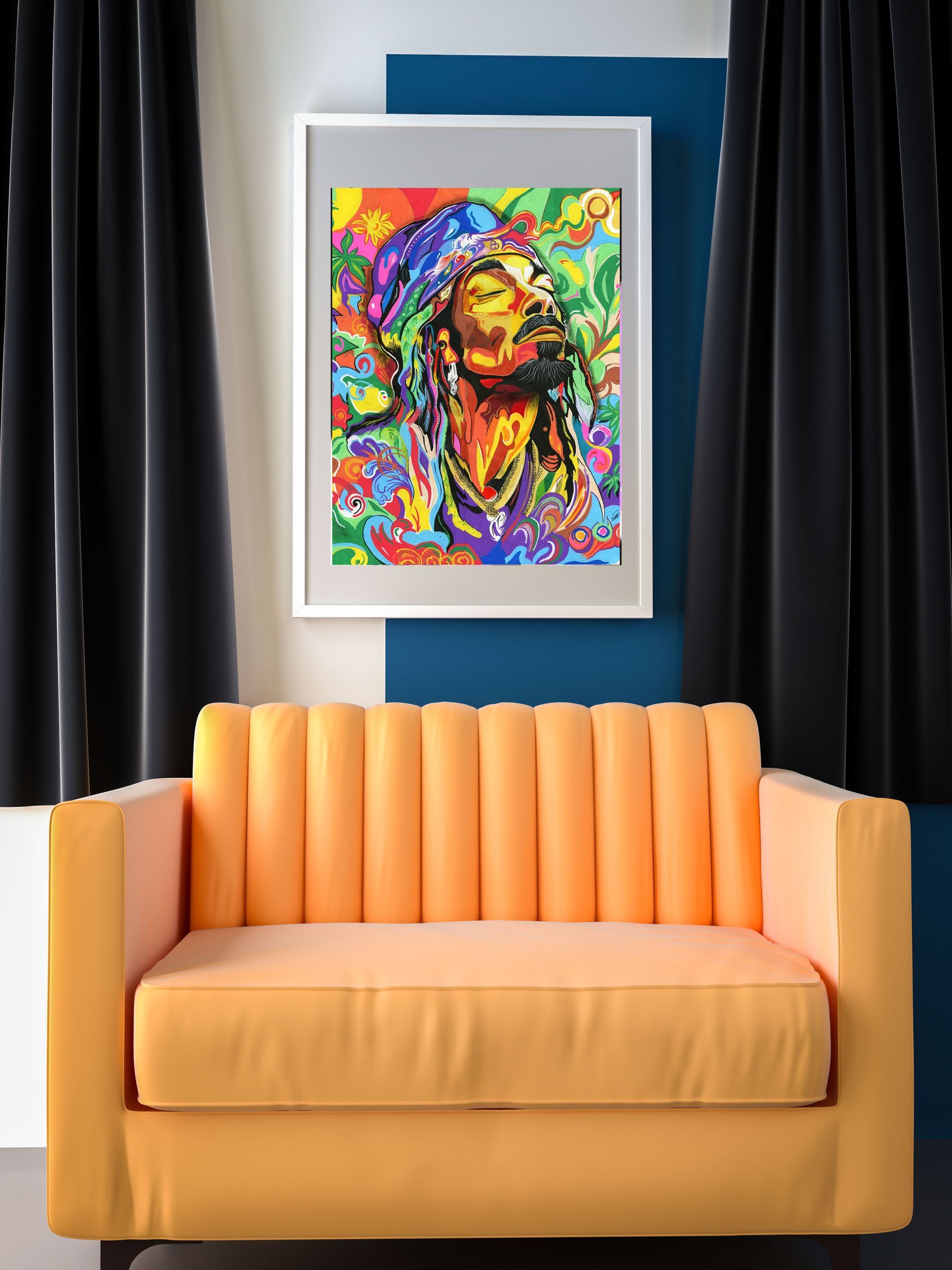 Colorful abstract portrait of a musician with dreadlocks and hat, surrounded by vibrant floral patterns