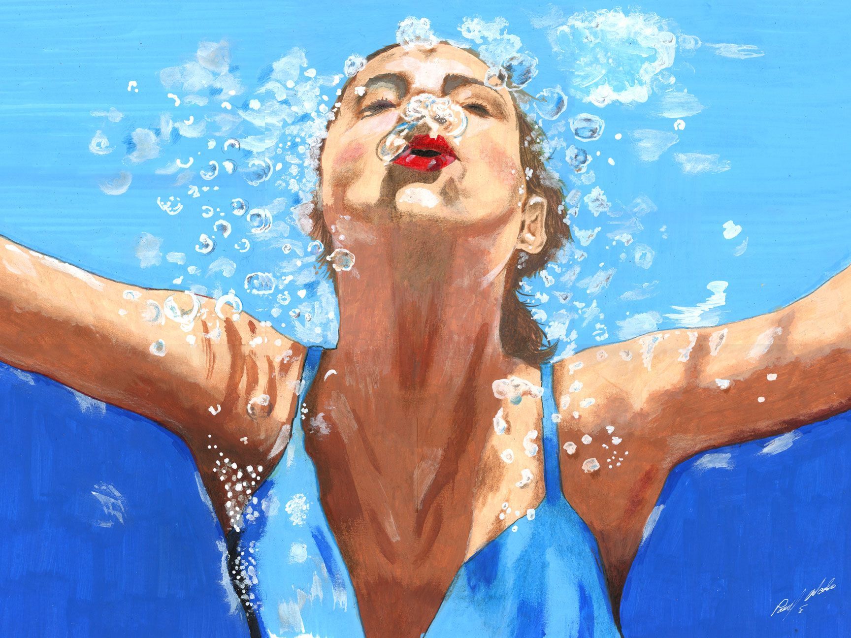 Person in a blue swimsuit splashing in water with arms raised and face tilted toward the sun