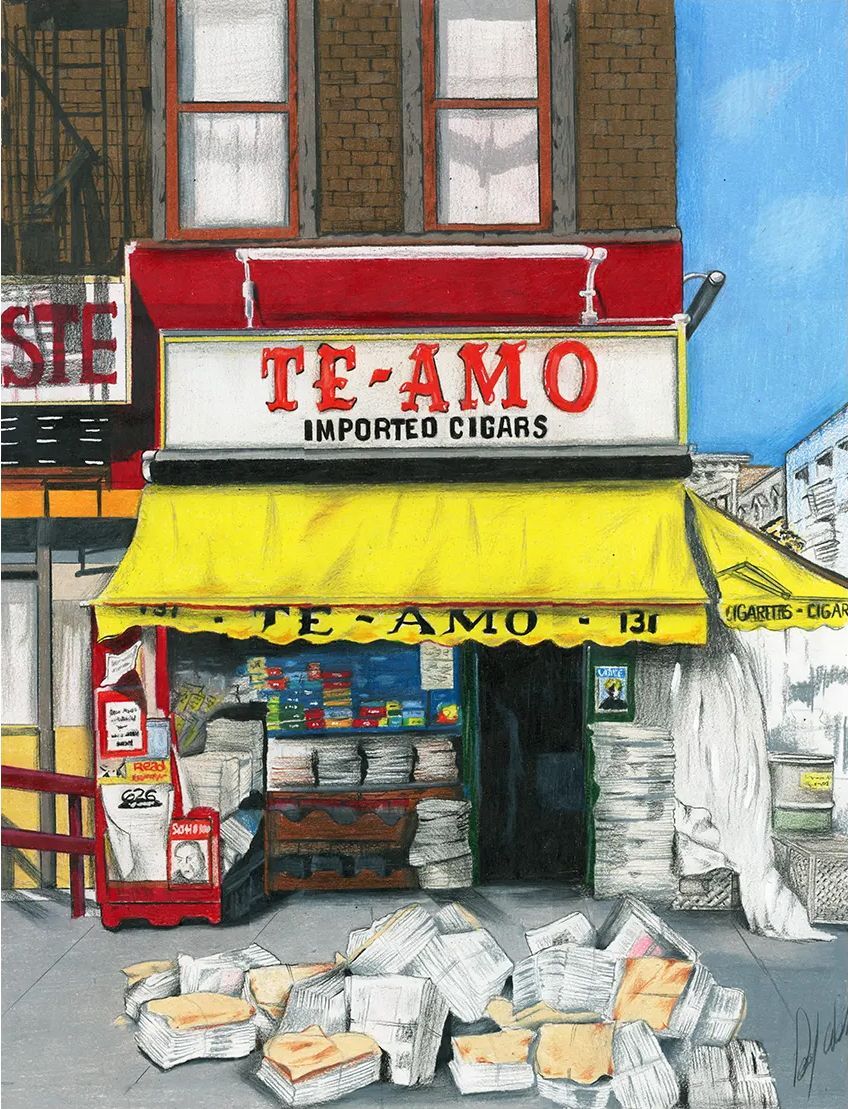 Street storefront with red-and-yellow awning reading “TE-AMO,” with produce baskets outside.