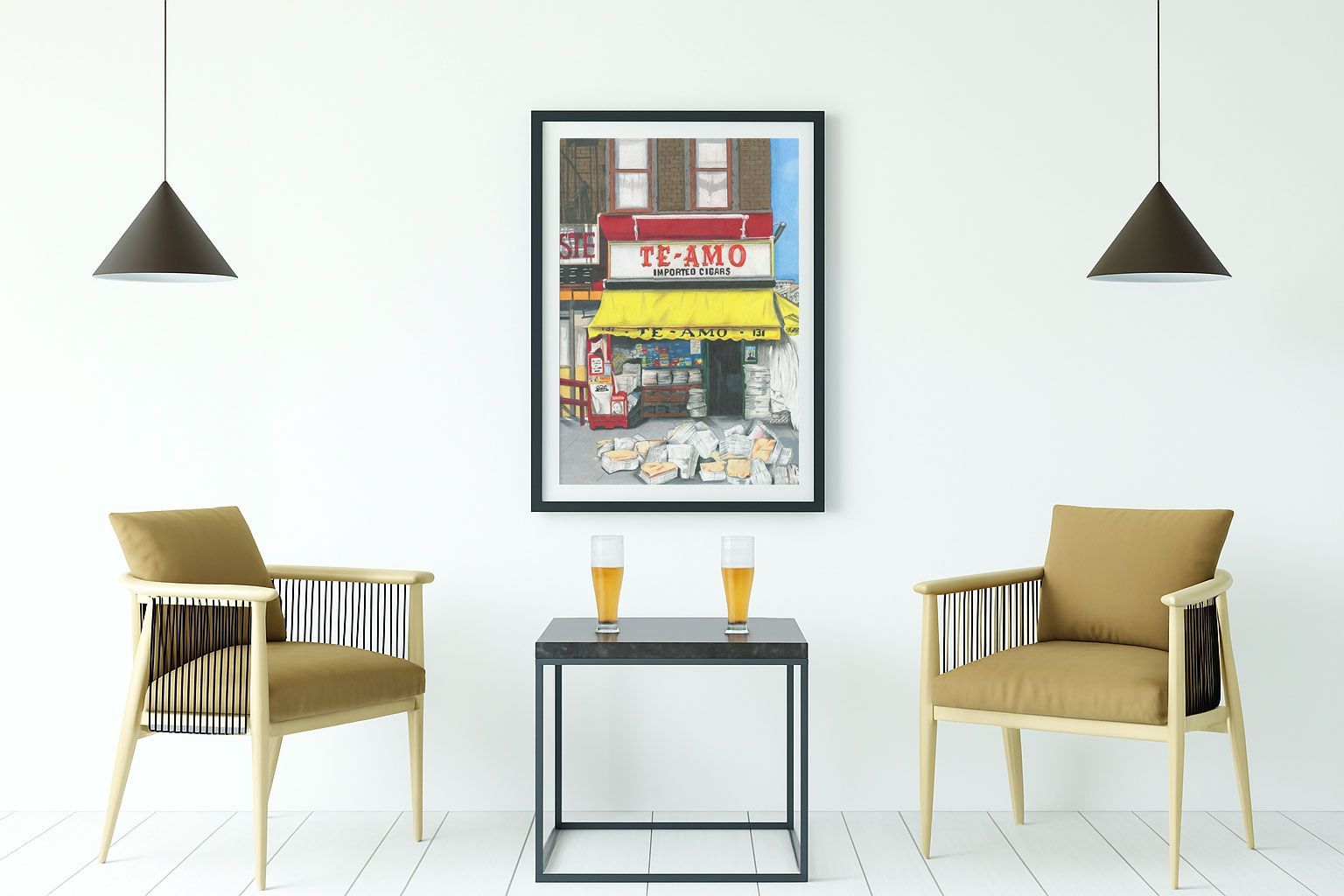 Street storefront with red-and-yellow awning reading “TE-AMO,” with produce baskets outside.