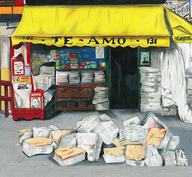 Small shopfront with yellow awning and stacks of white bags piled on the sidewalk.