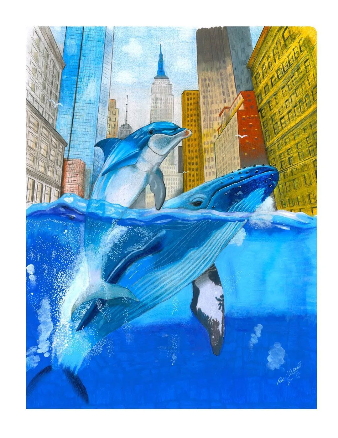 Dolphins leaping in blue water with city skyscrapers in the background
