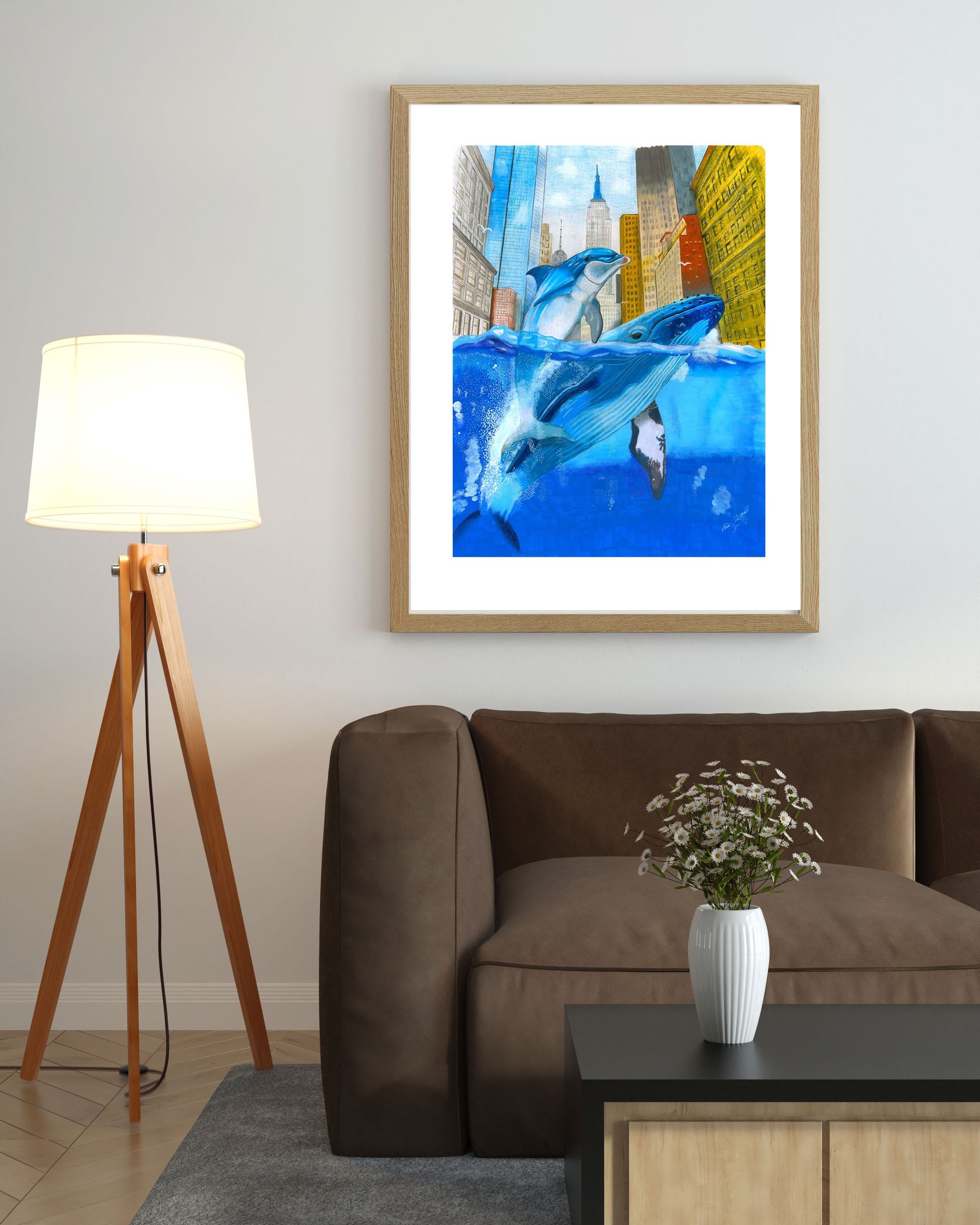 Dolphins leaping in blue water with city skyscrapers in the background