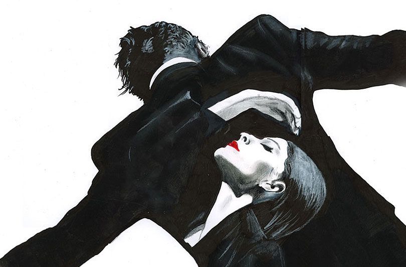 Two dancers in black and white, one dipping the other against a white background