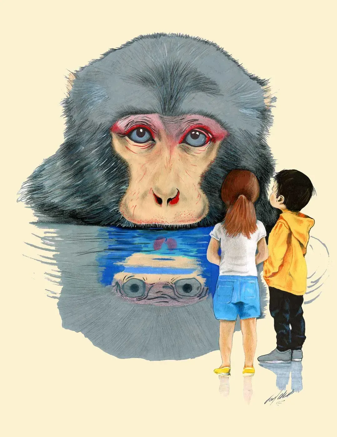 A large macaque peers over water at two children standing on a pier, with its reflection below.