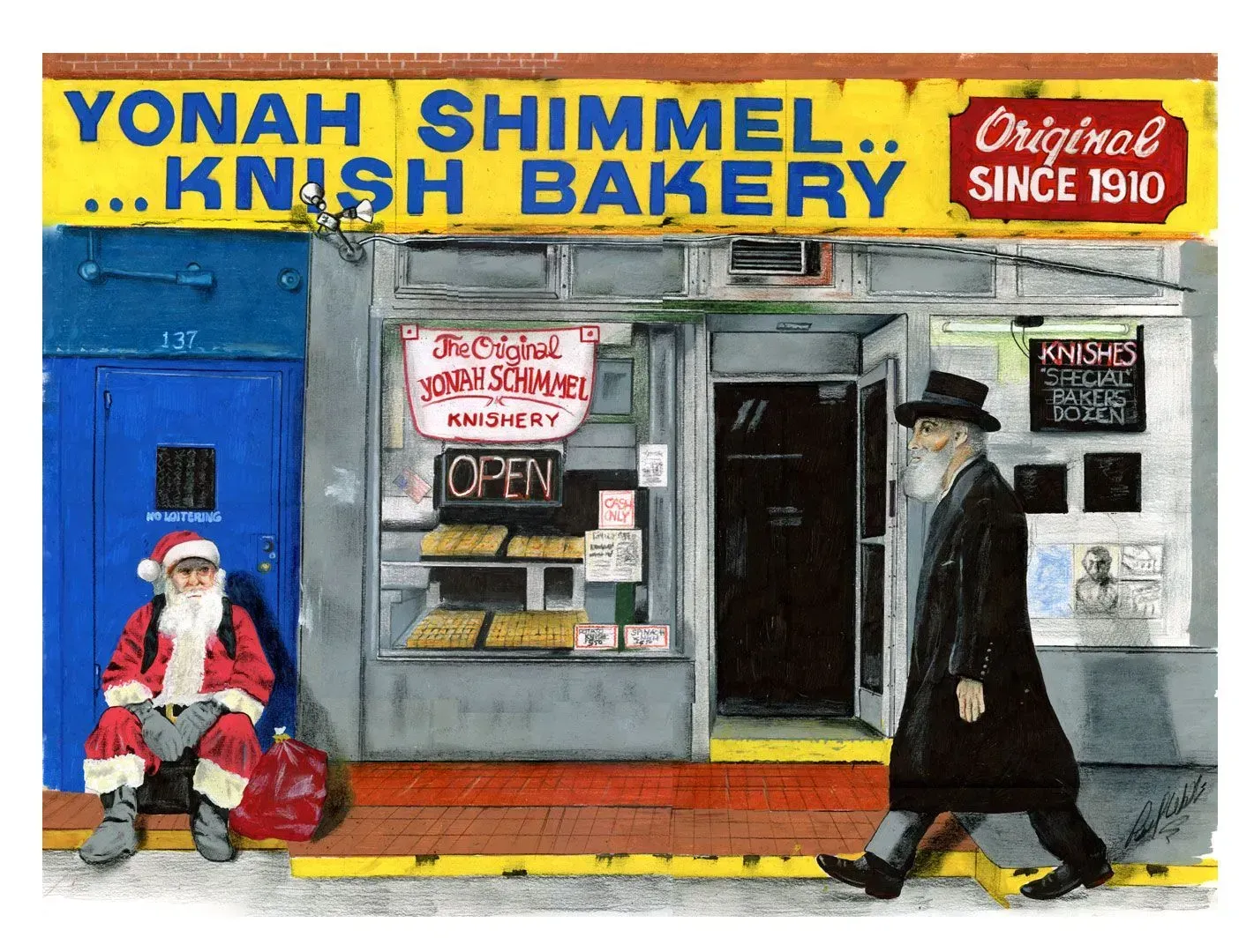 Yonah Shimmel knish bakery storefront with Santa seated and a man walking past in winter coats.