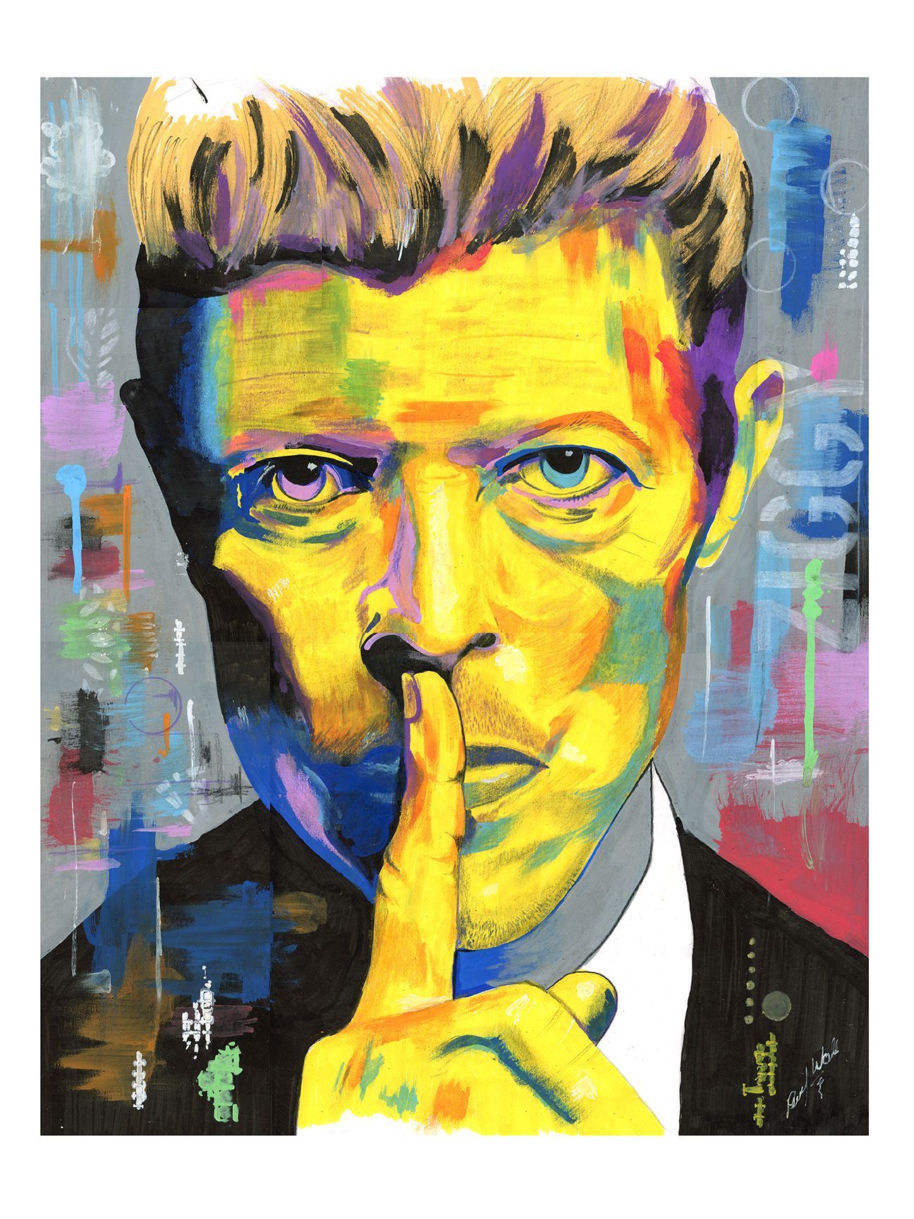Colorful pop-art portrait of Bowie with a finger to his lips in a “quiet” gesture.