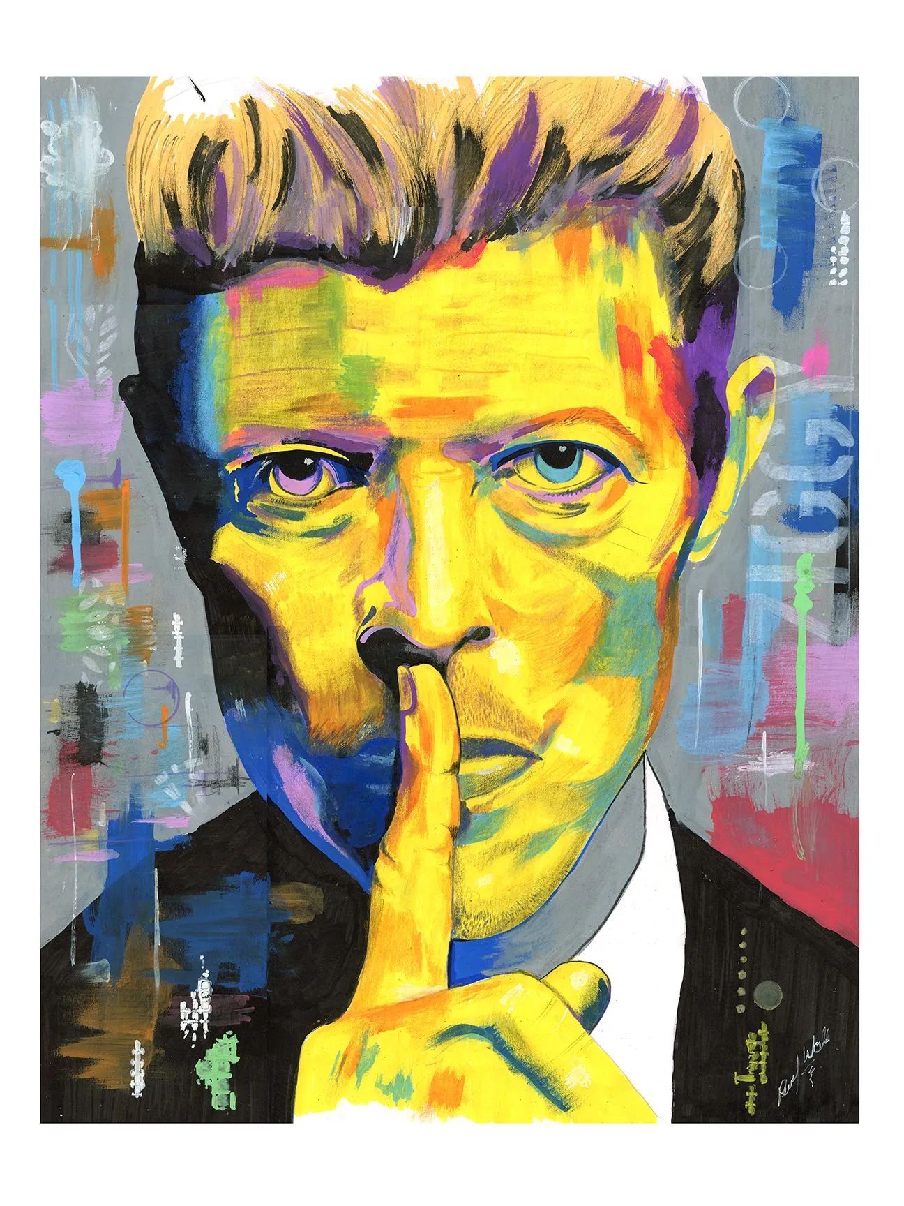 Colorful portrait of David Bowie with a finger to his lips, in a “shh” gesture, against a textured abstract background