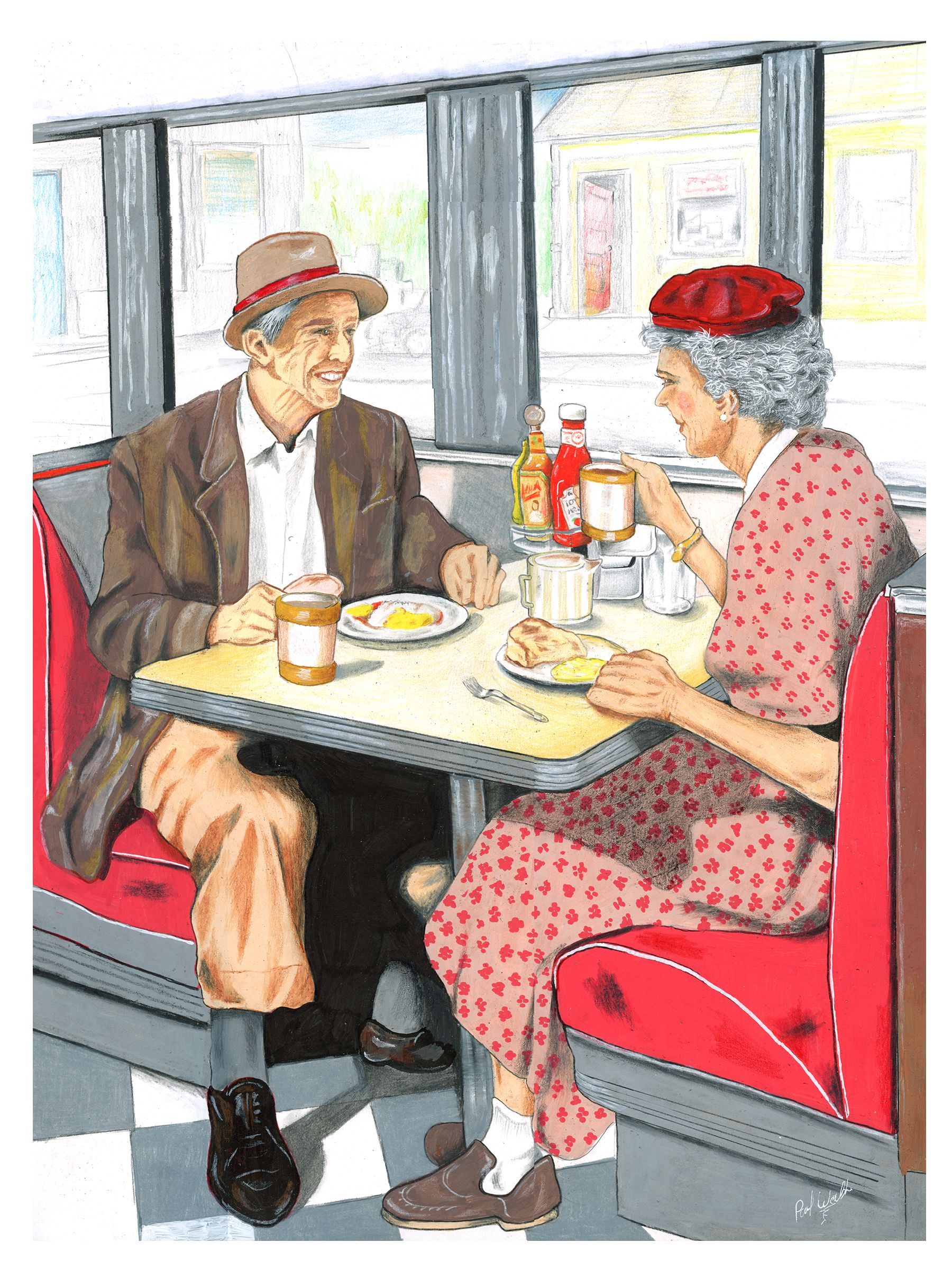 Two seniors sit at a diner booth, sharing coffee and breakfast at a table with red seats.