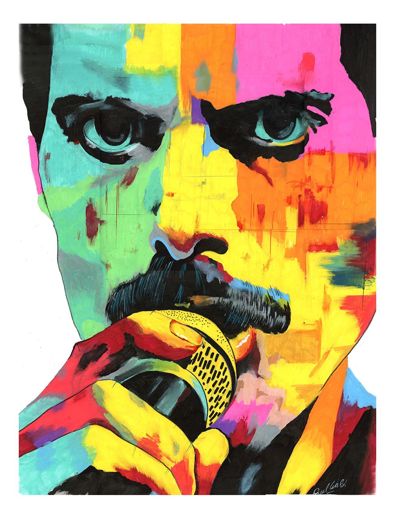 Colorful abstract portrait of Freddie Mercury holding a microphone, with bold pink, yellow, green, and black brushstrokes.