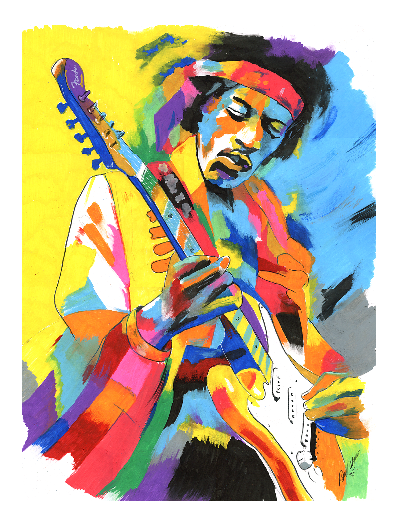 Colorful abstract painting of a guitarist playing electric guitar on a bright yellow background