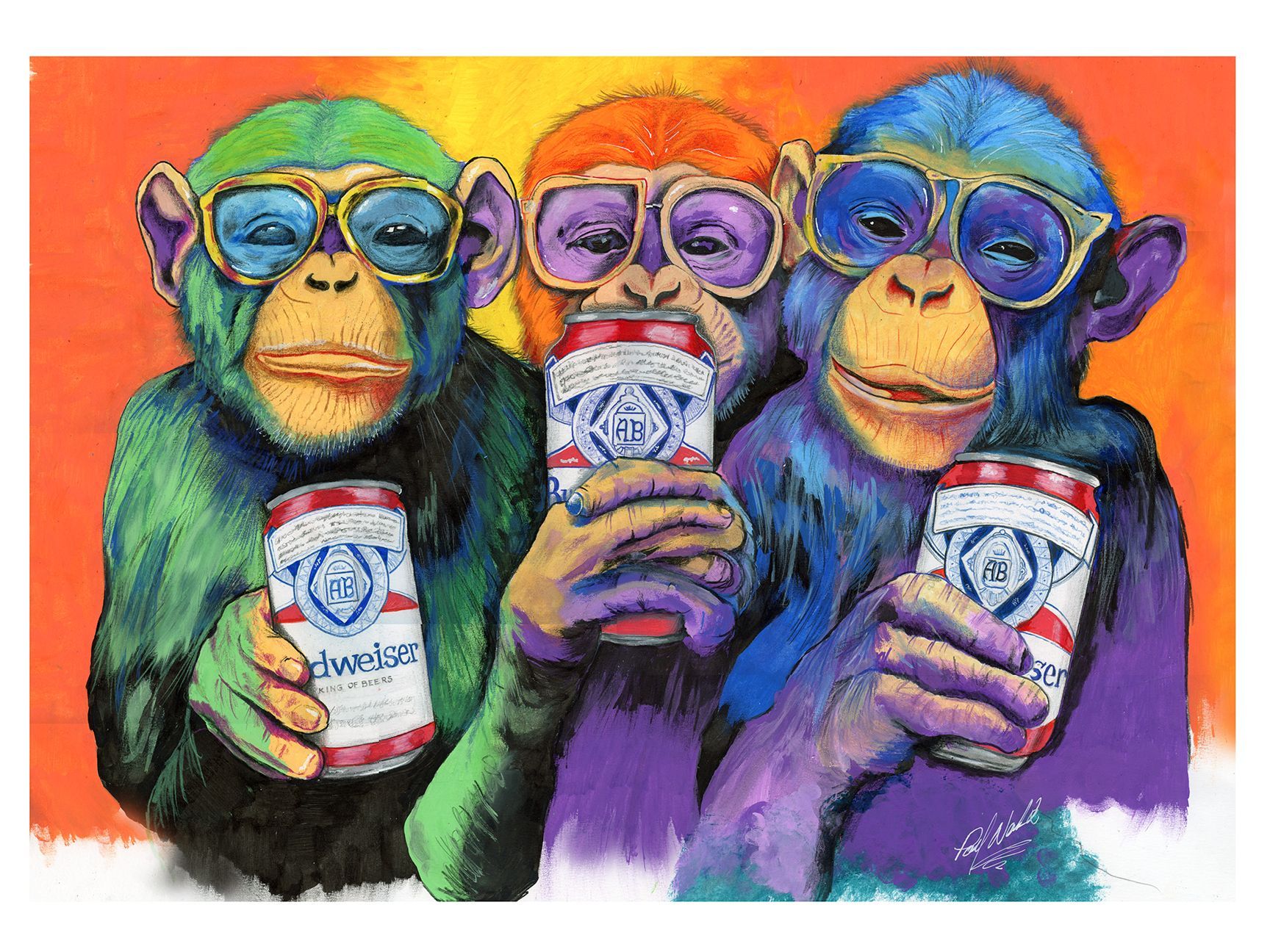Three colorful chimpanzees wearing glasses hold Budweiser cans against an orange background