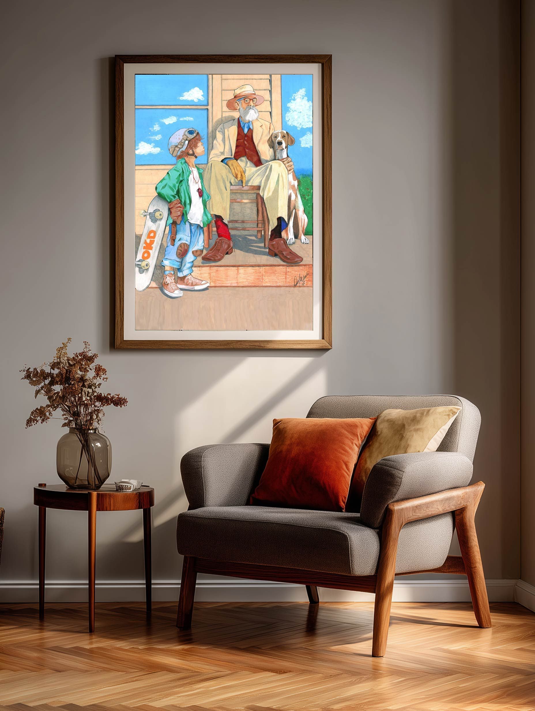 Cozy living room with a gray armchair, orange pillow, side table, vase, and colorful framed wall art.
