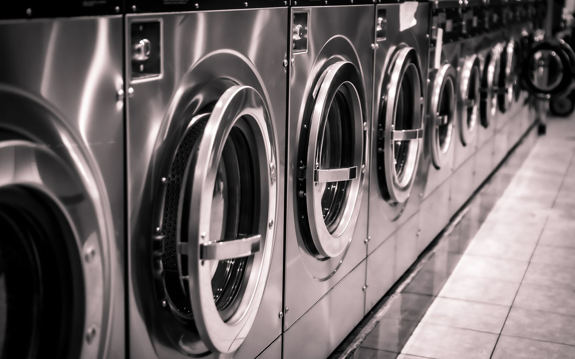A row of washing machines are lined up in a laundromat.
