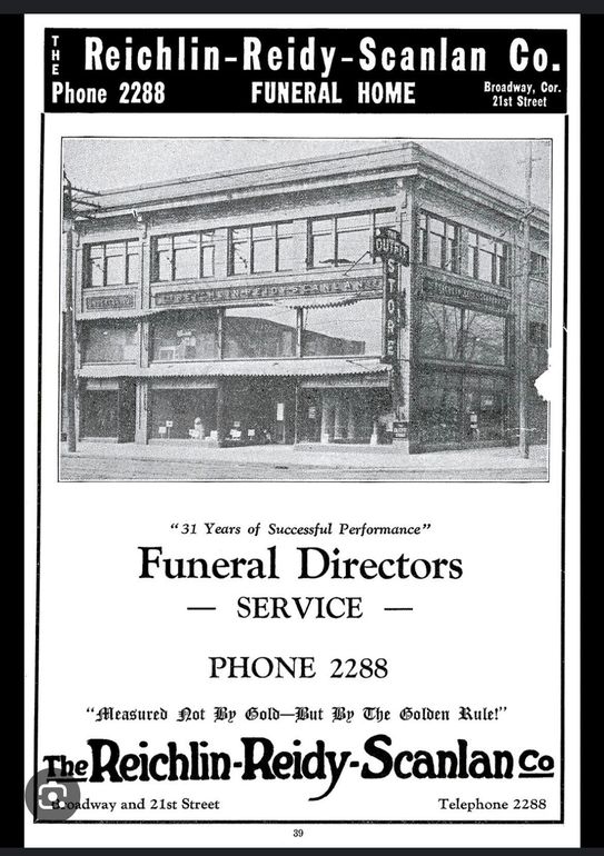 Reichlin-Reidy-Scanlan Co. funeral home ad with building illustration and phone number 2288