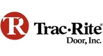 The logo for r trac rite door inc. is red and black.