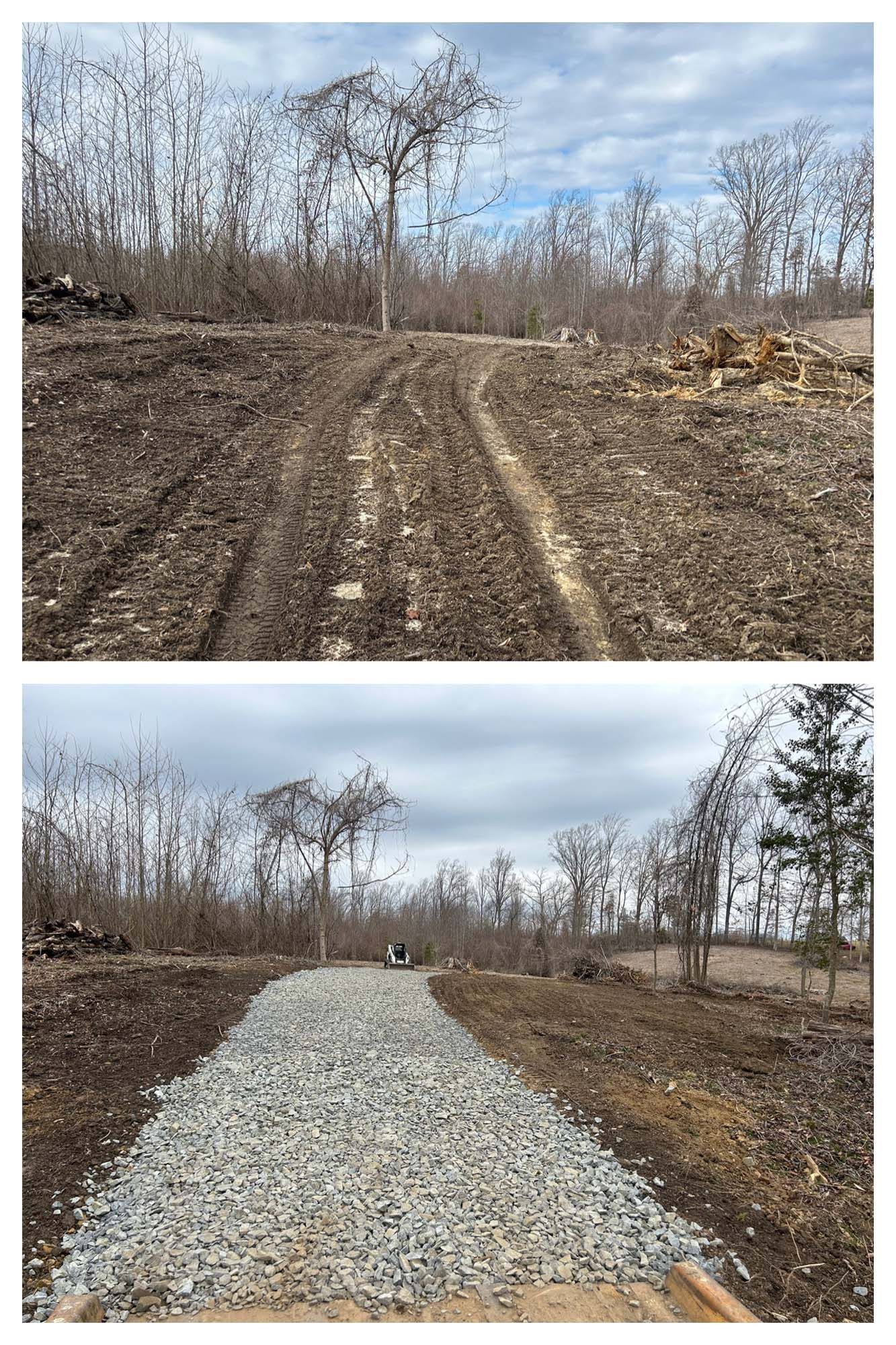 Before-and-after view of a muddy dirt path replaced with a gravel road through bare trees