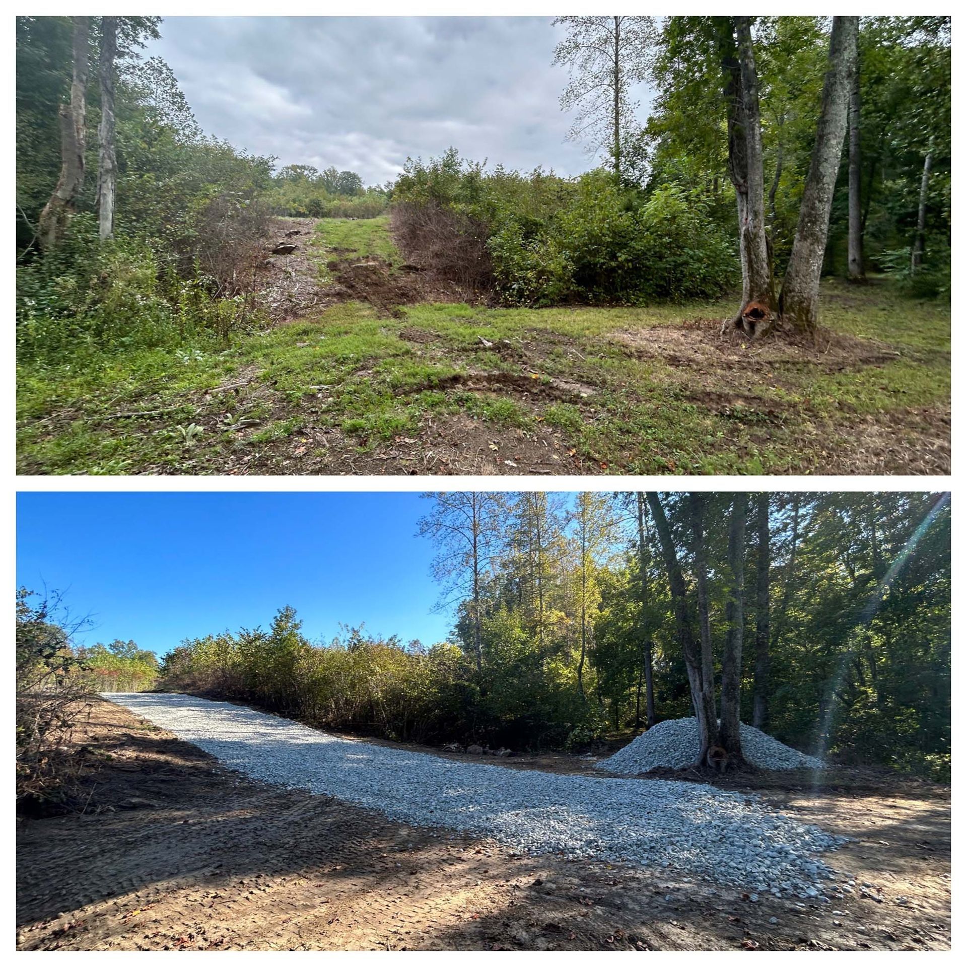 Two landscape photos of a wooded lot before and after gravel road clearing