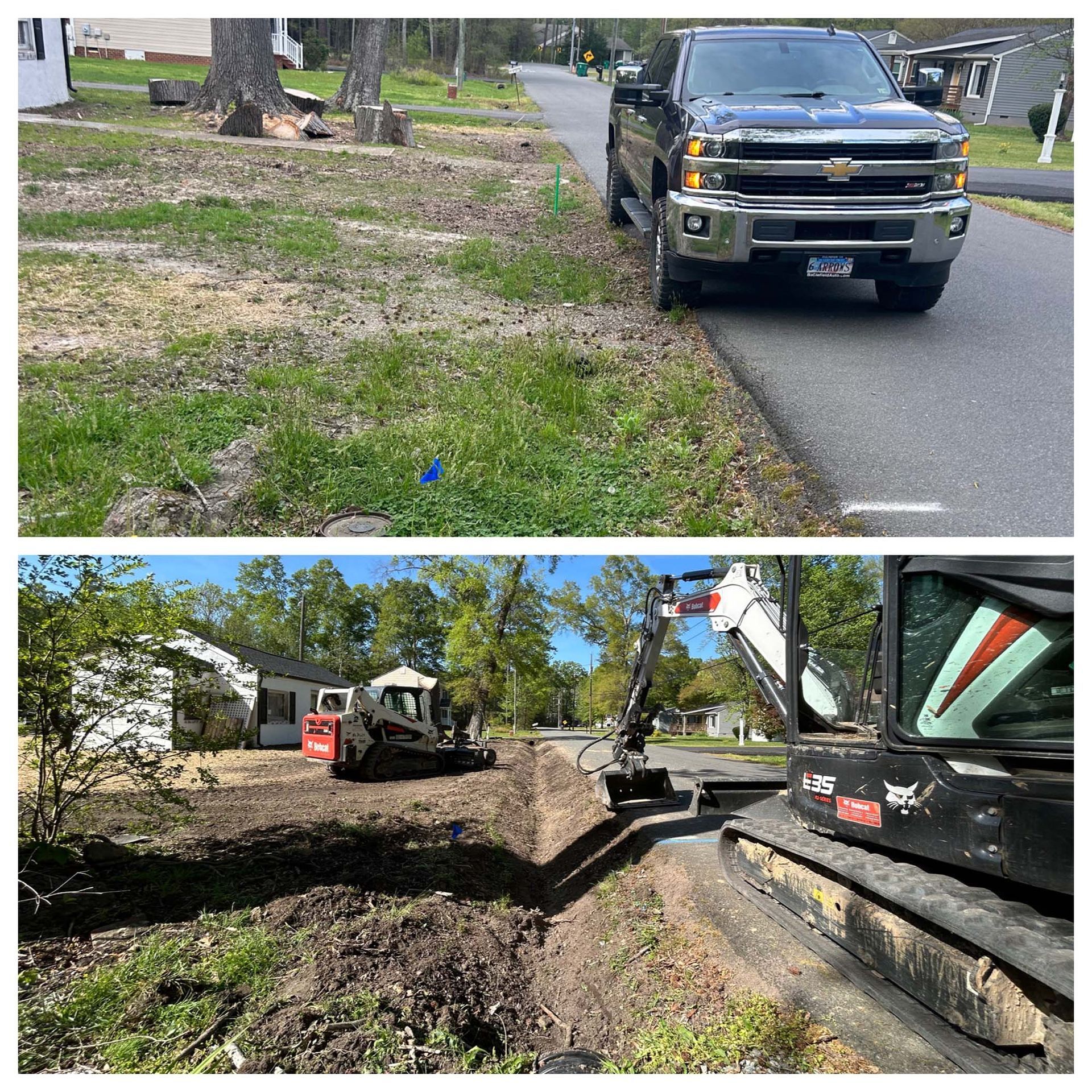 Roadside utility truck and excavator working beside a grassy ditch in a residential area.