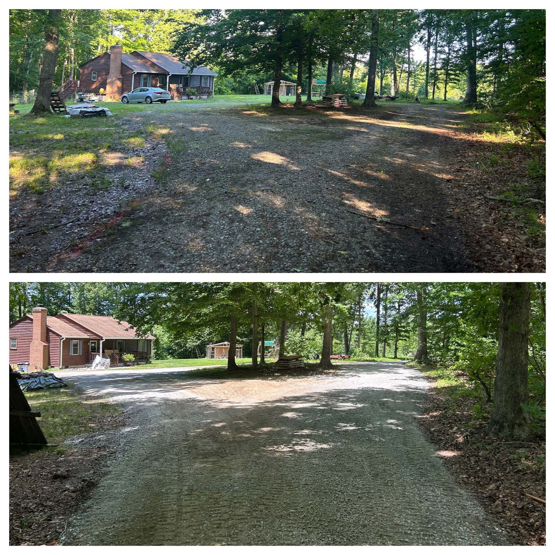 Two views of a gravel driveway beside houses and trees in bright daylight