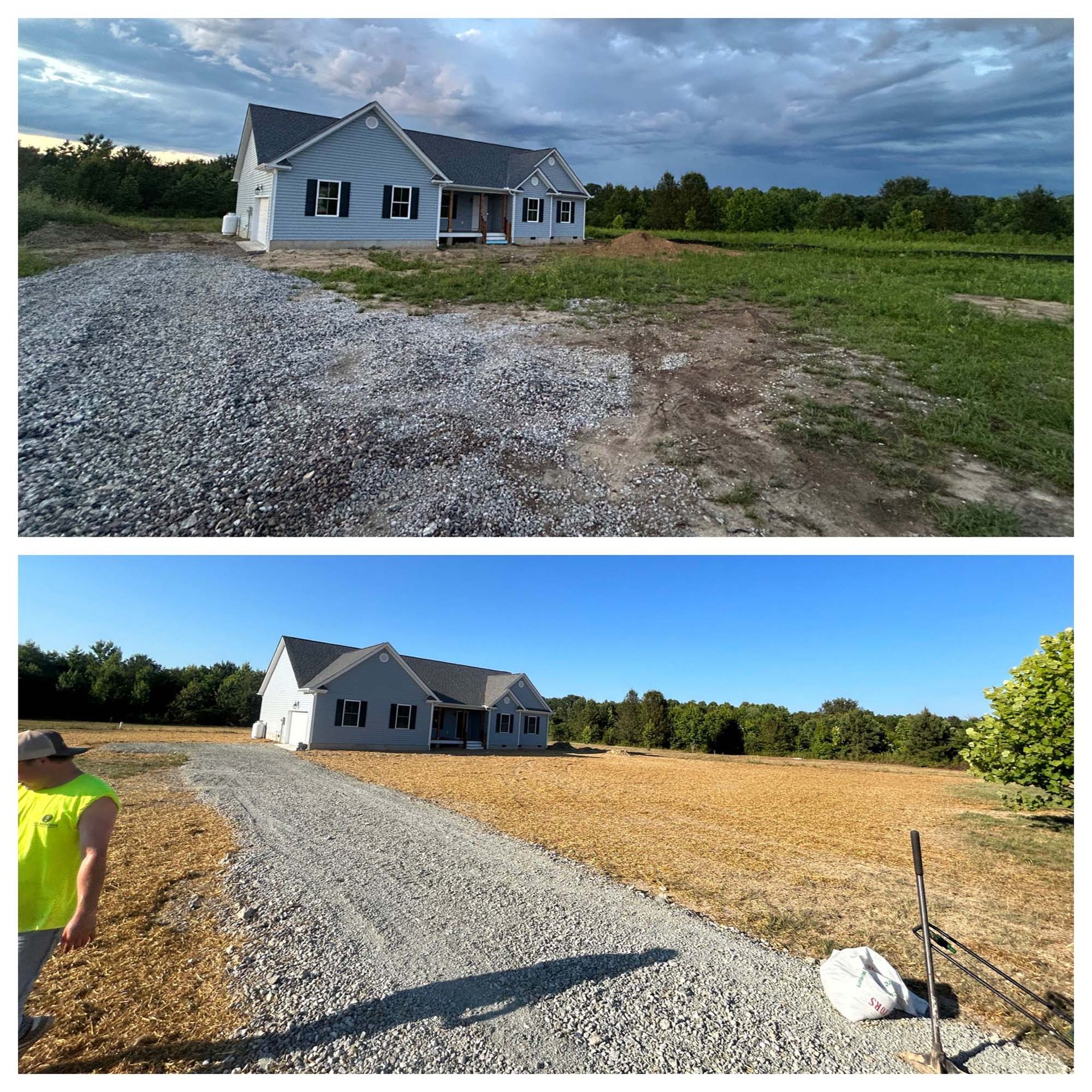 House under construction beside gravel drive and cleared lot, shown in two stages of progress.