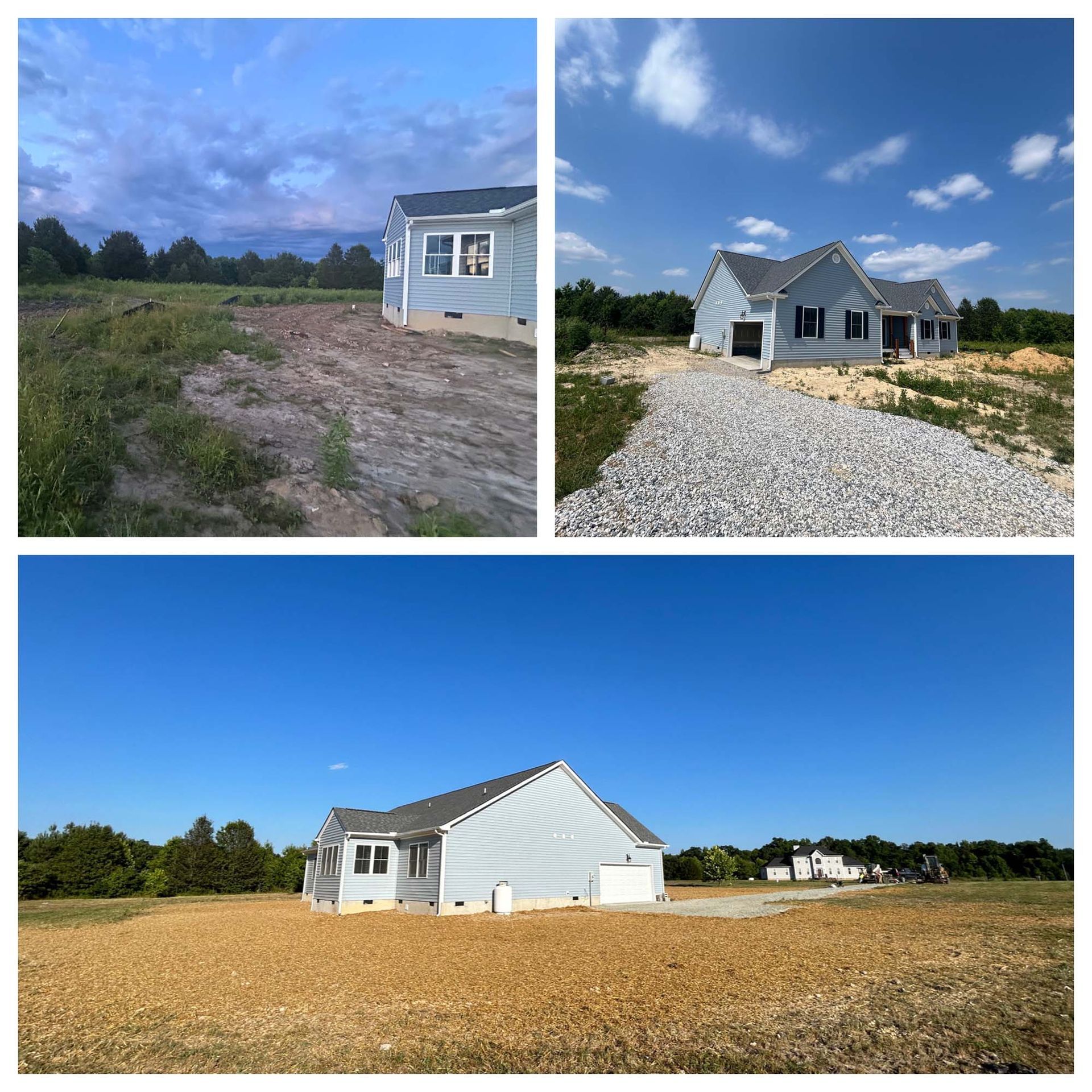 Three views of a small gray house on a rural lot under a blue sky, with gravel and dirt yards.