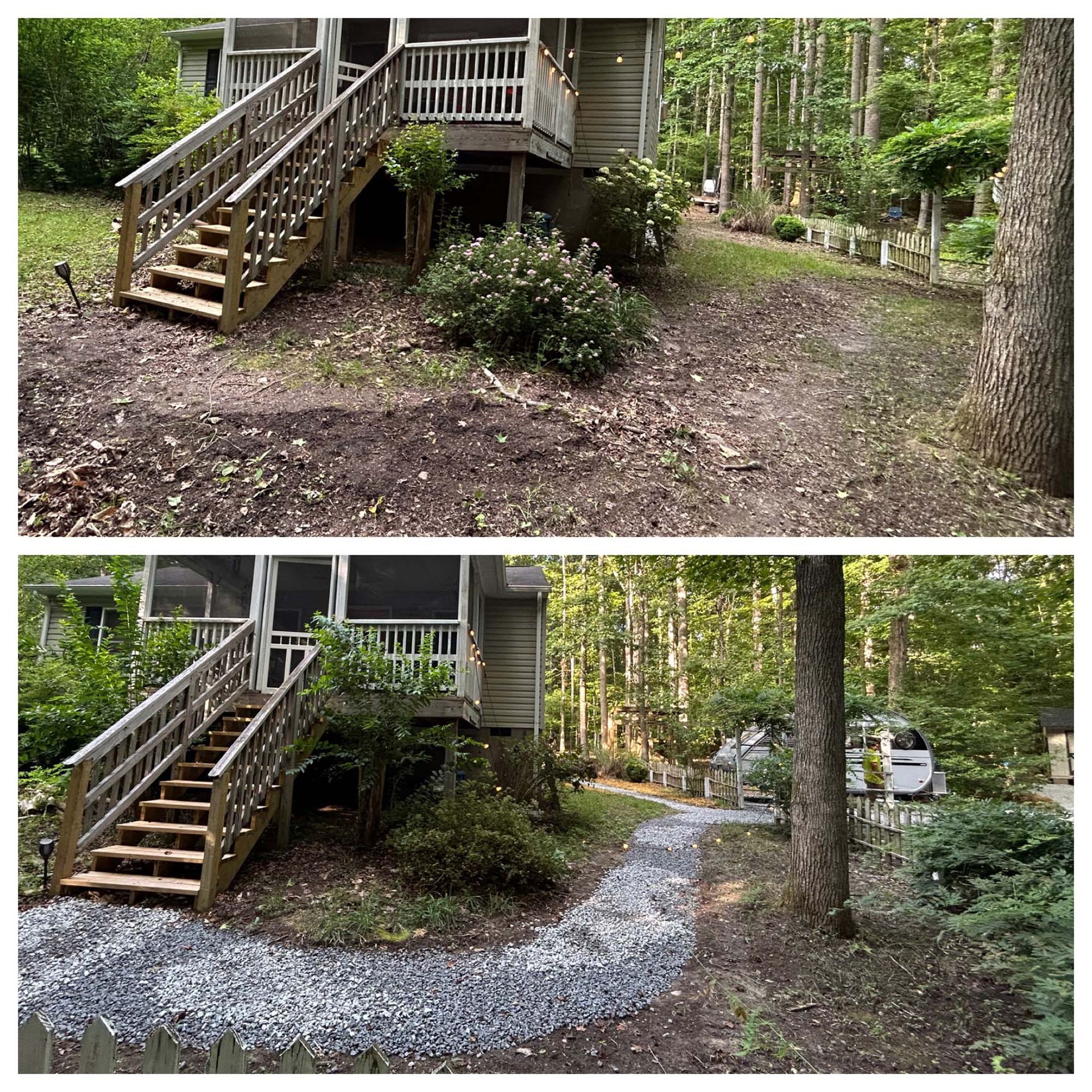 Split image of a house stairway and wooded yard, showing dirt in the top panel and gravel path below.