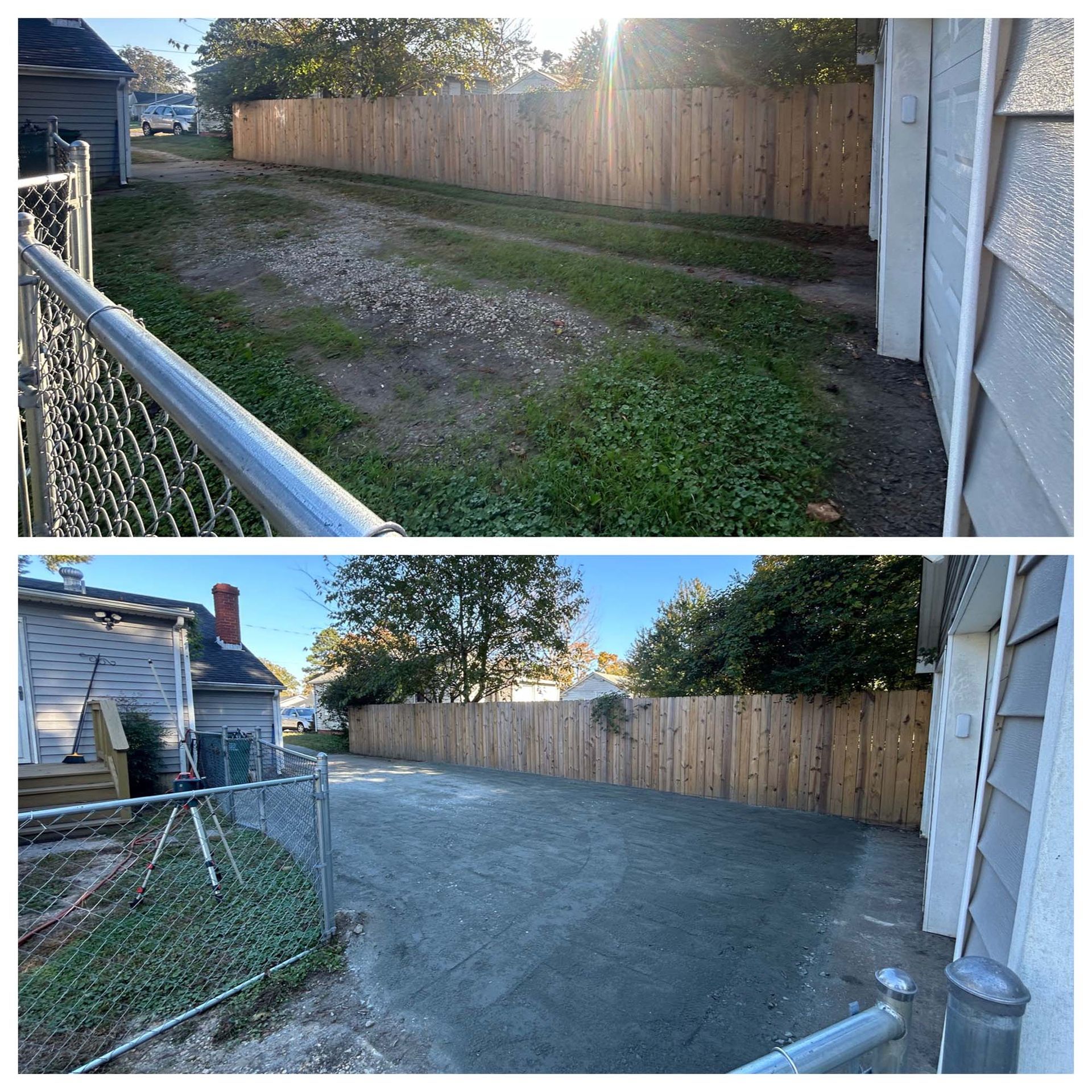 Backyard before-and-after: unpaved dirt lot transformed into a newly gravel-covered side yard.