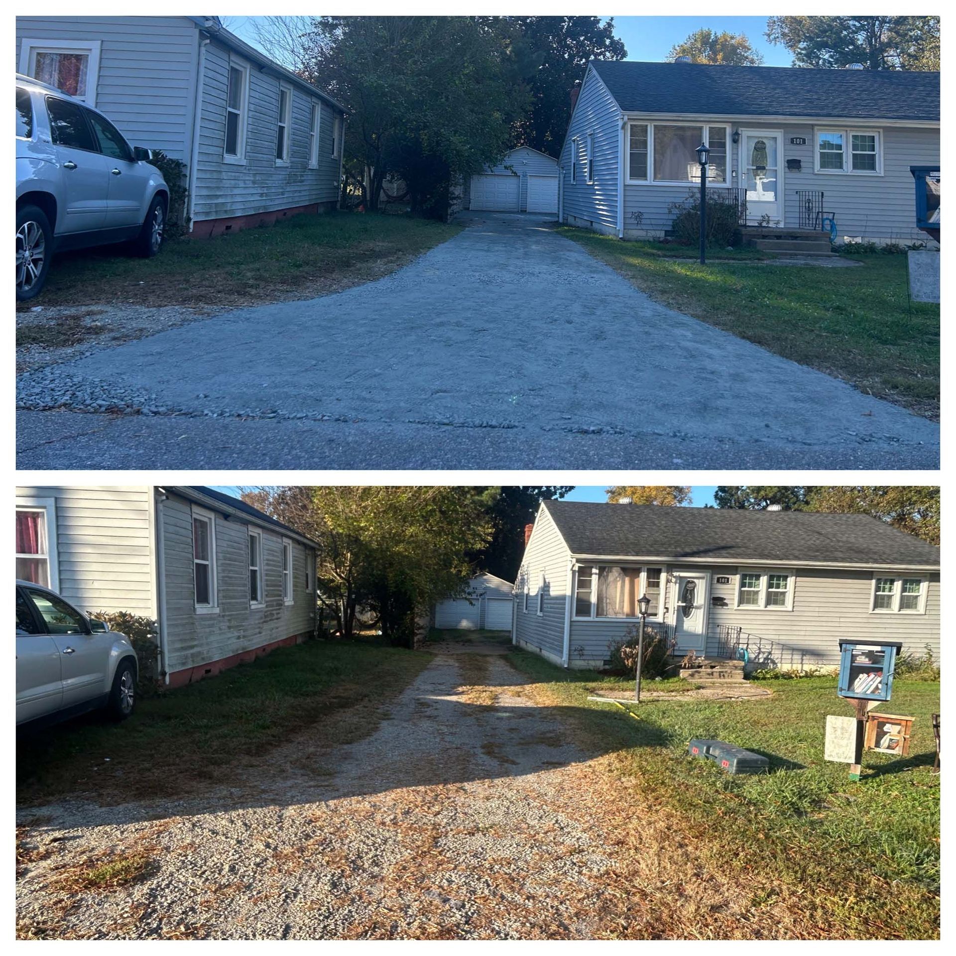 Before-and-after view of a gravel driveway between two houses, with car, trees, and yard signs on the right.