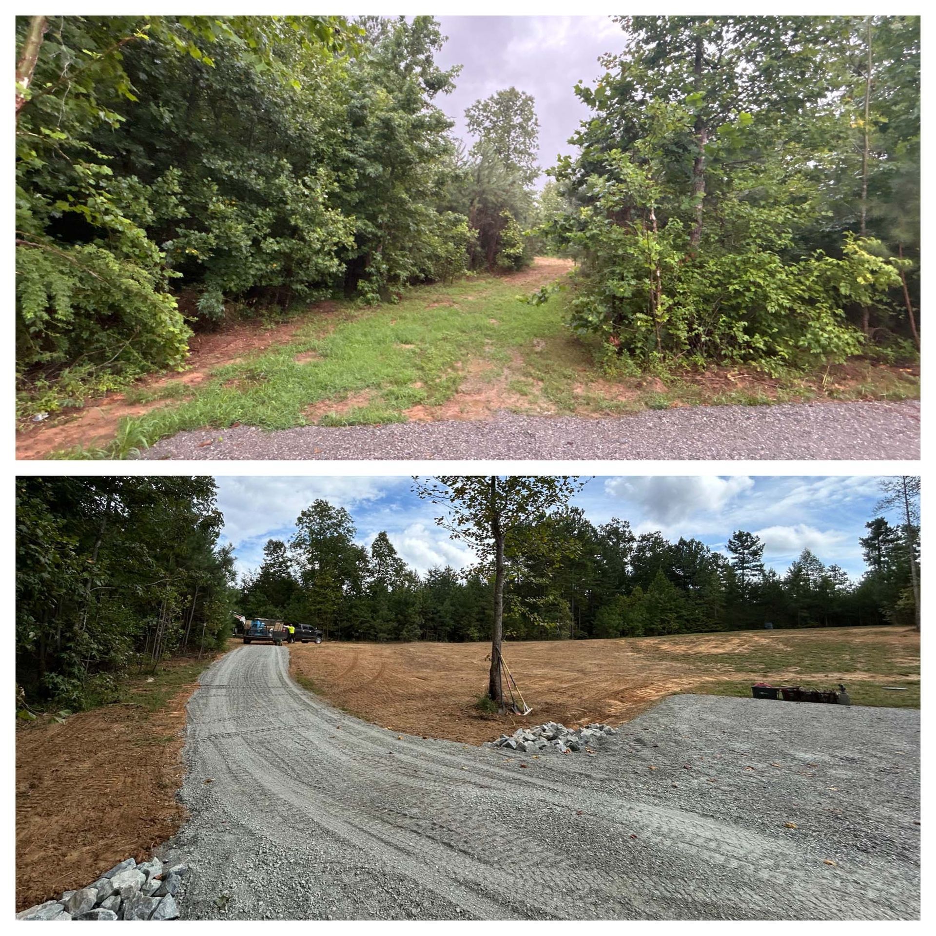 Two gravel driveways in a wooded clearing, one narrow path and one newly graded curve with a utility pole.