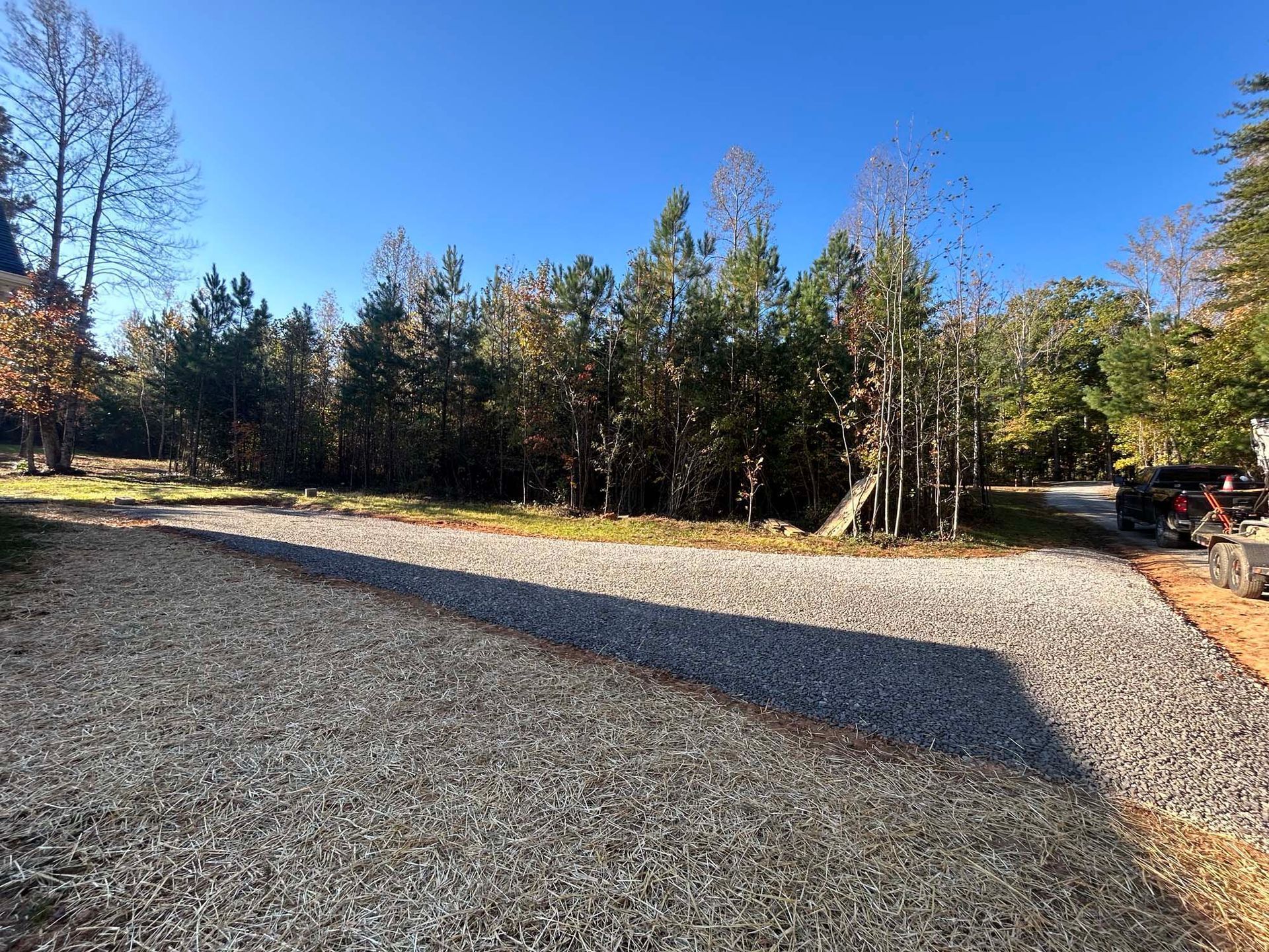 Gravel driveway beside a wooded area under a clear blue sky, with sunlight and shadows across the ground