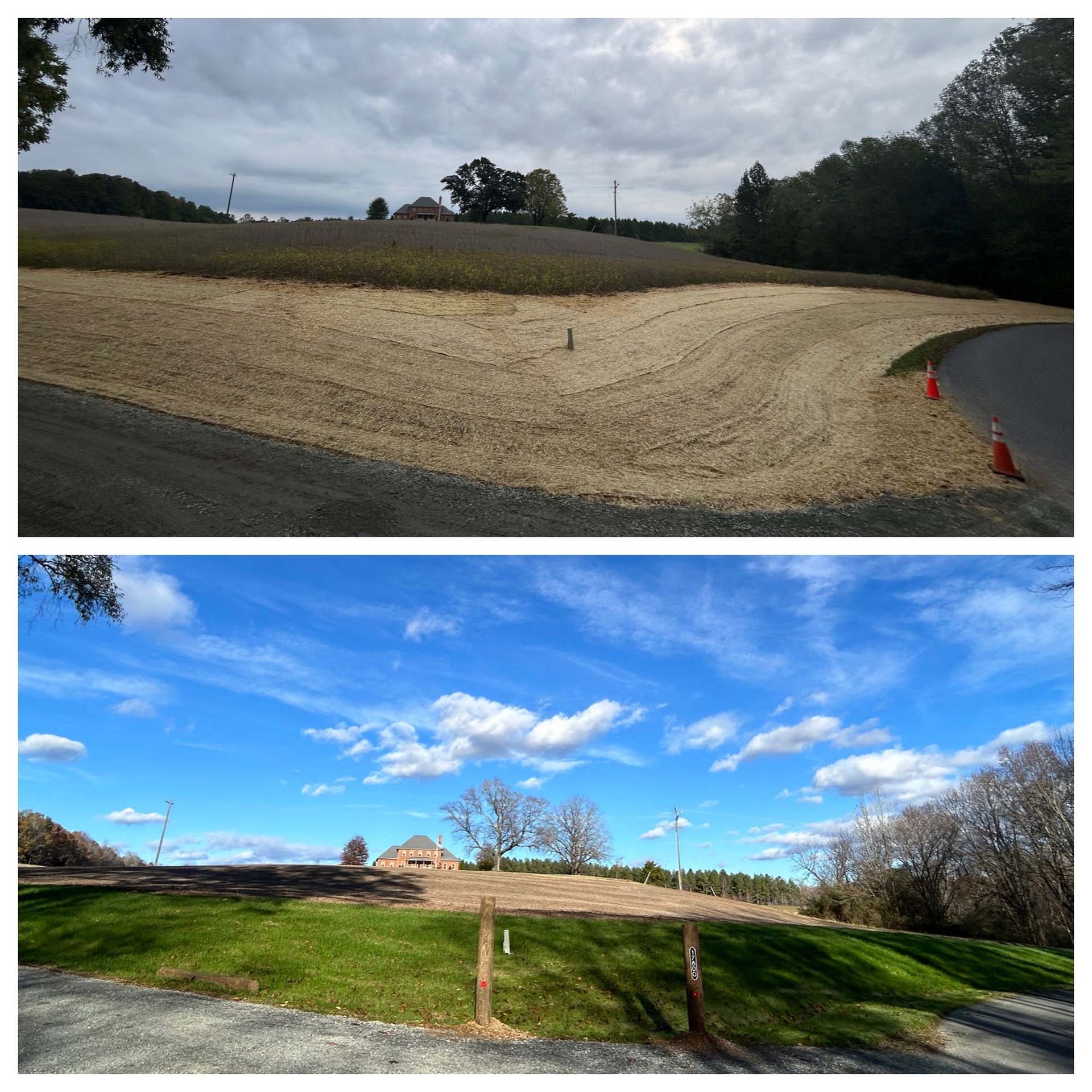 Two photos of a rural path under construction: overcast gravel road above, sunny green roadside below.