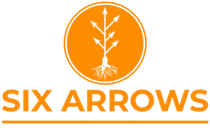 Orange "SIX ARROWS" logo with a white tree-like arrow symbol in a circle.