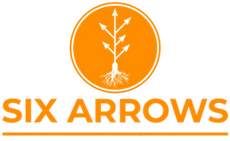 Orange circular logo with white arrow-like plant and text “SIX ARROWS” below
