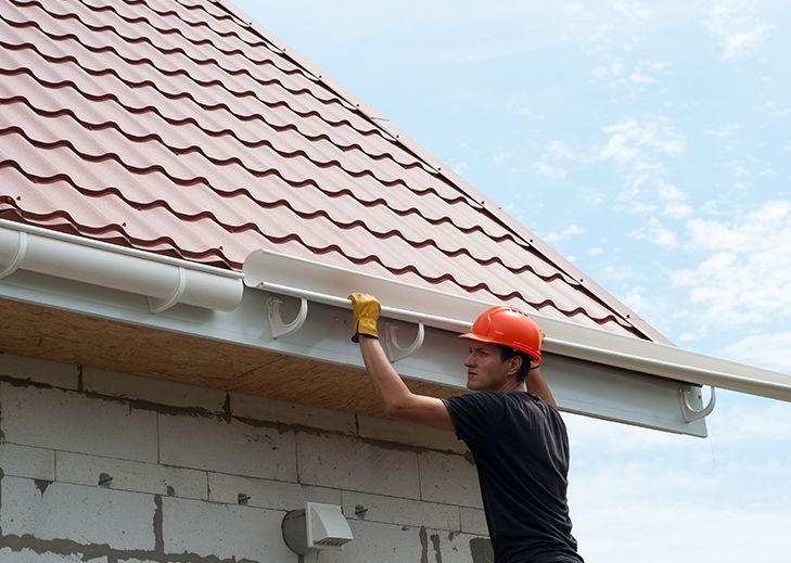 Man in orange hardhat installing gutter on a red metal roof.