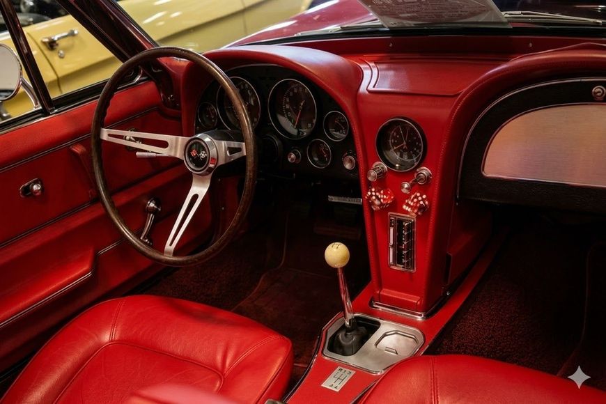 Interni rossi di una classica auto sportiva Corvette: cruscotto, volante, cambio e sedili.