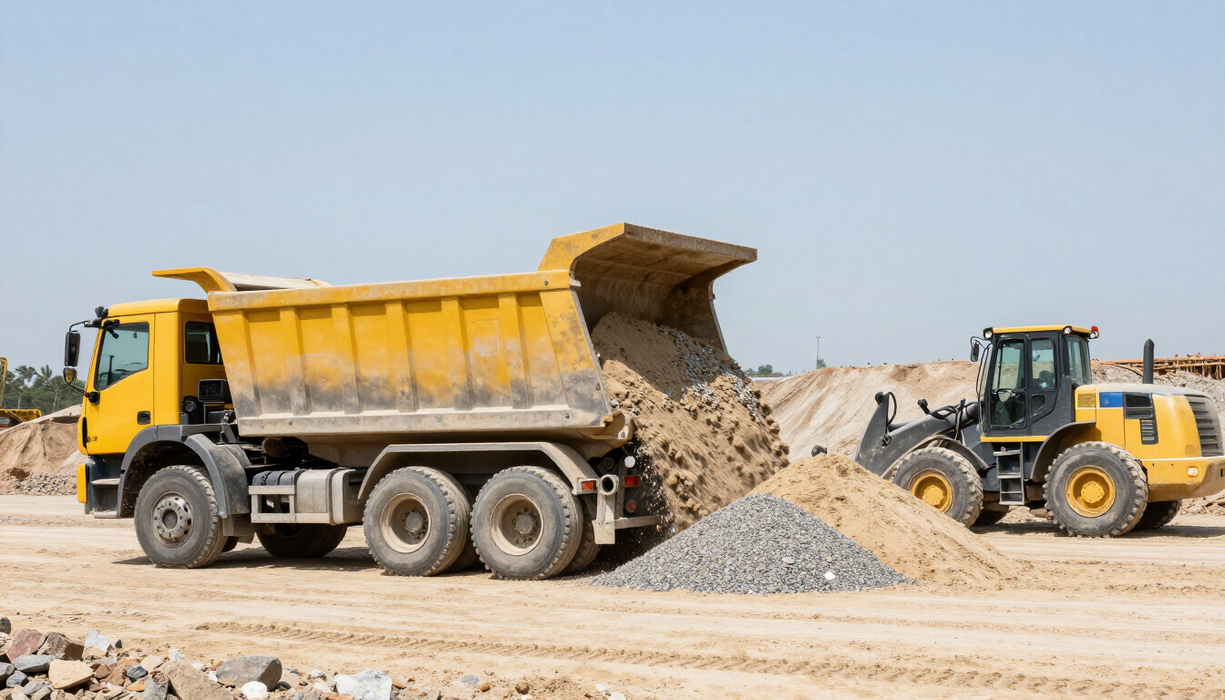 Autocarro durante lo scarico di inerti in cantiere