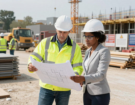 Responsabile di cantiere e professionista davanti a tavole progettuali