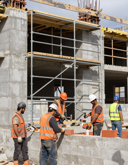 Edificio civile in costruzione con ponteggi e operatori