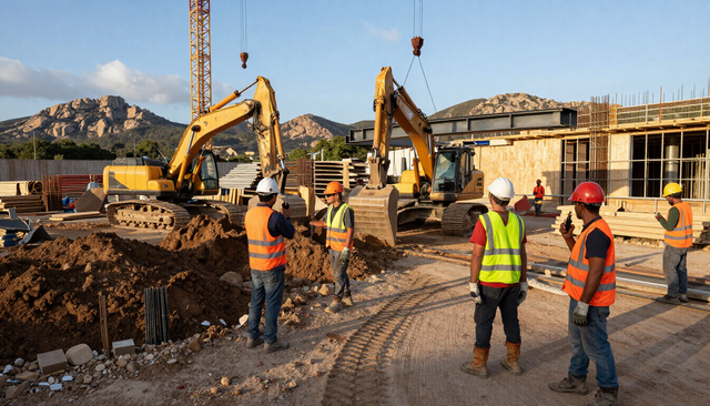 Squadra e mezzi in un cantiere organizzato