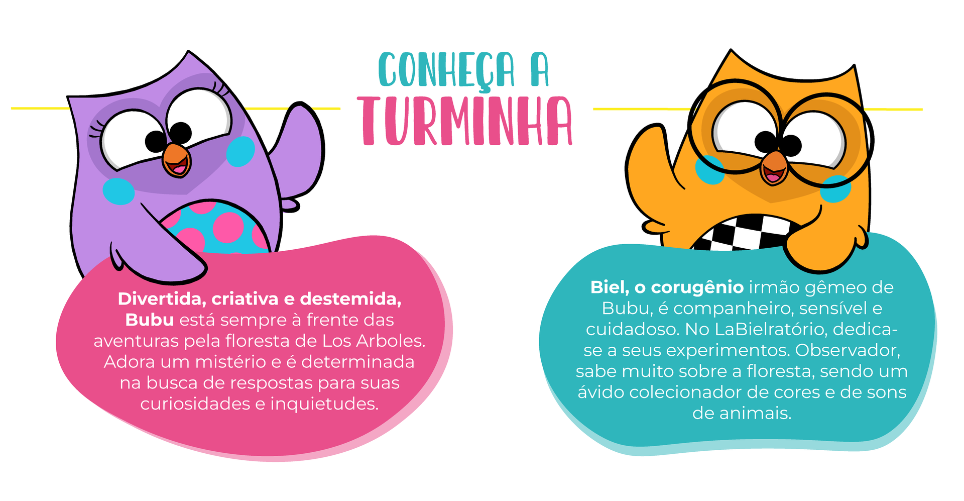 Duas corujas de desenho animado estão próximas uma da outra em um fundo branco.