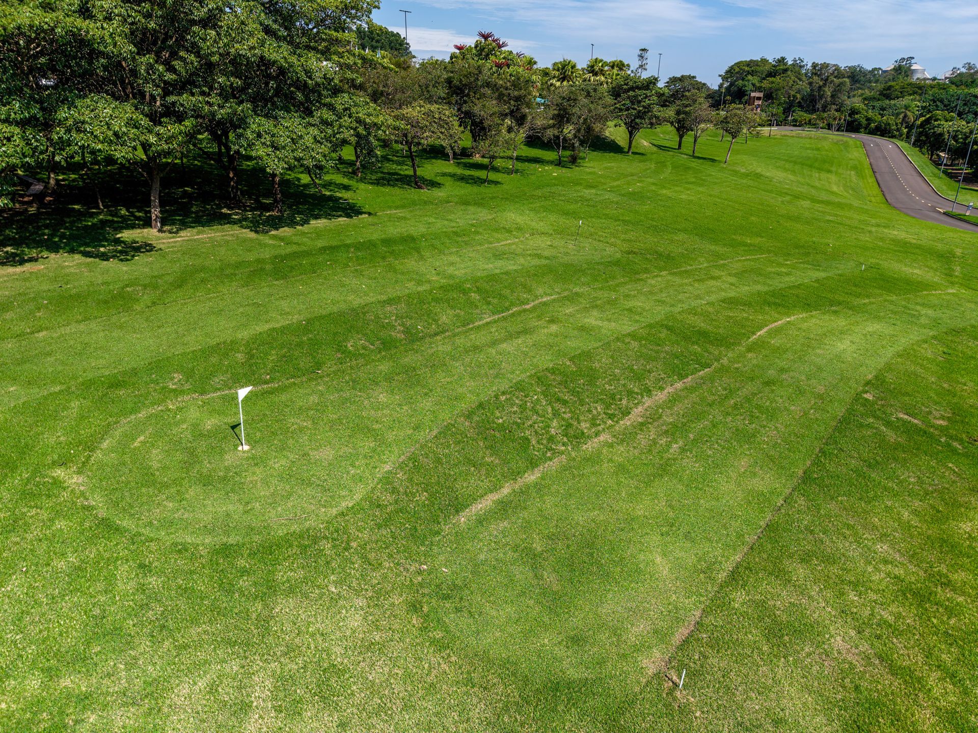 Um campo de golfe com uma bandeira no meio.