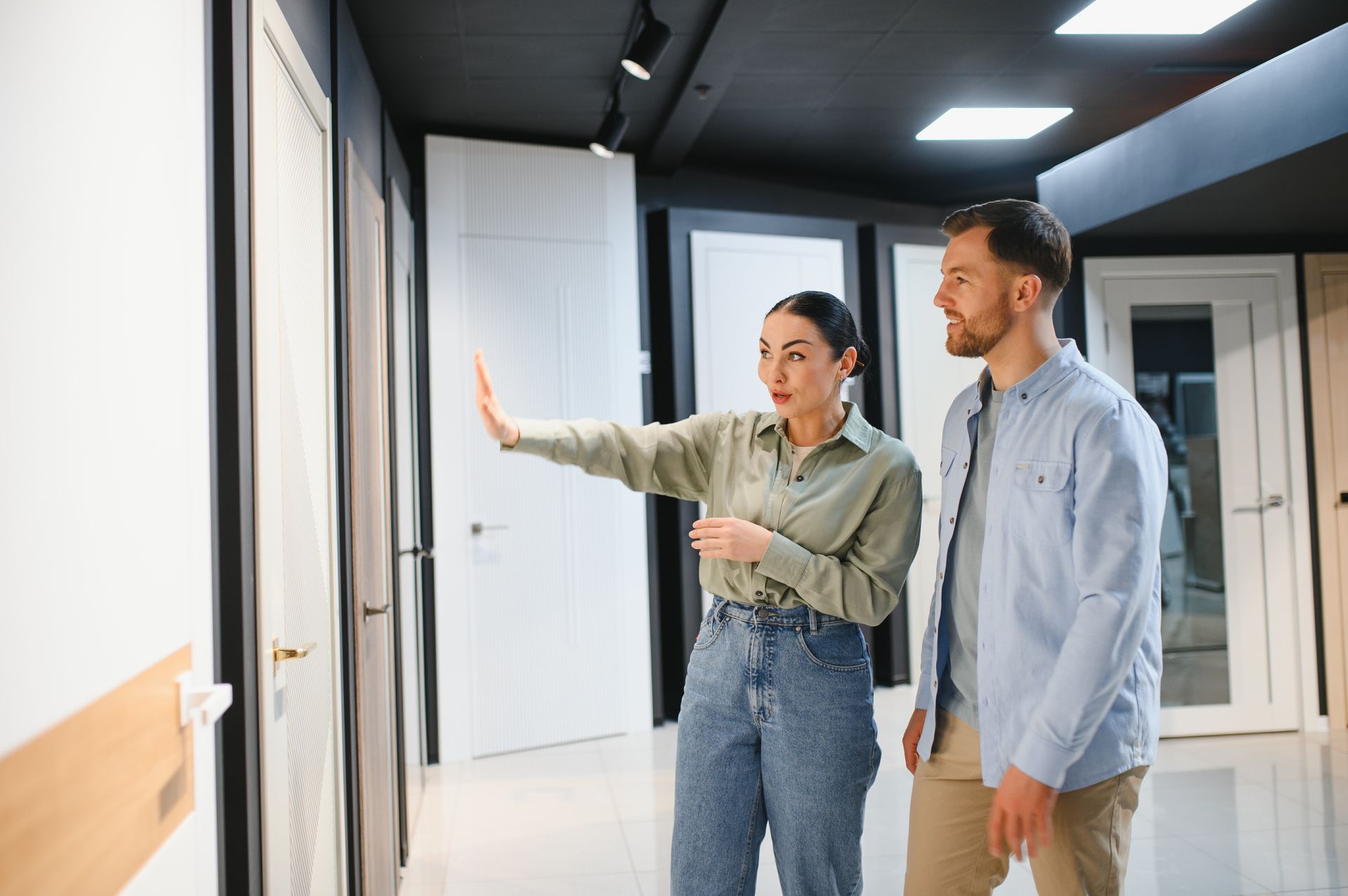 Two people in a bright office hallway examining a wall display with papers and plans. Two people in a bright office hallway examining a wall display with papers and plans.