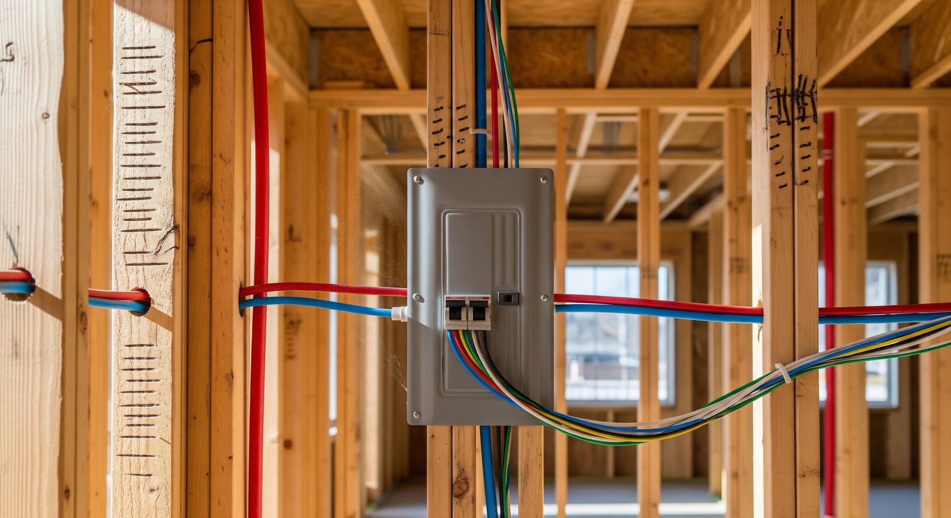 Exposed electrical wiring in a wood-framed house under construction, with a gray breaker box mounted on a stud wall Exposed electrical wiring in a wood-framed house under construction, with a gray breaker box mounted on a stud wall