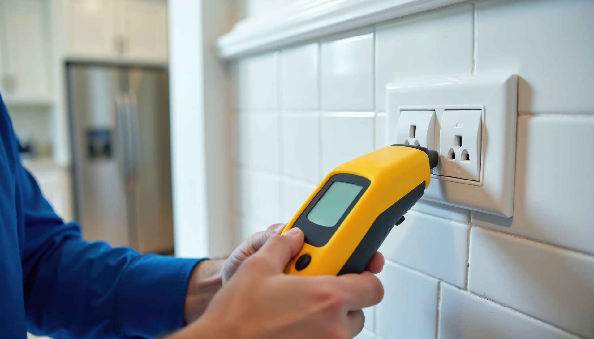 Person using a yellow infrared thermometer to check an electrical outlet on a tiled wall Person using a yellow infrared thermometer to check an electrical outlet on a tiled wall