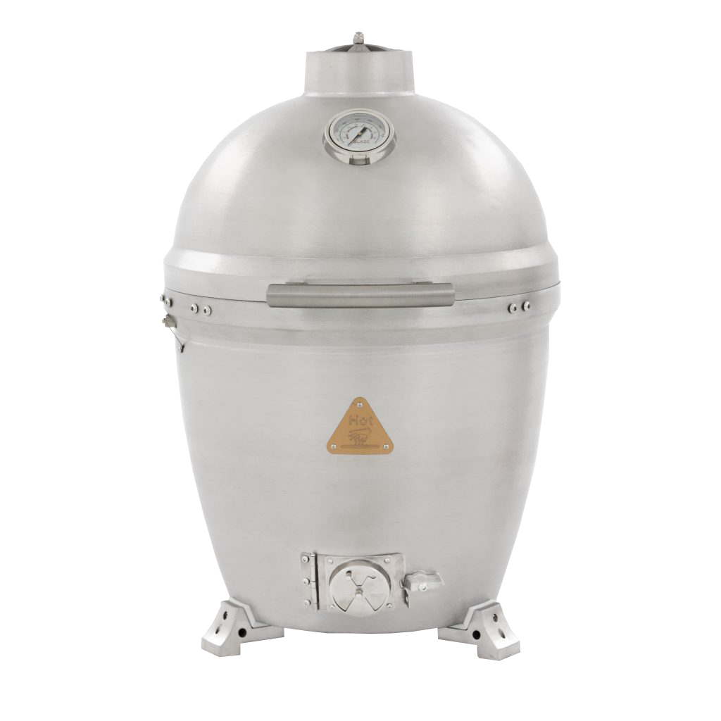 A stainless steel grill with a triangle on it is on a white background.