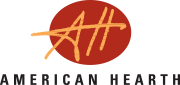The logo for american hearth is a red circle with a cross in it.