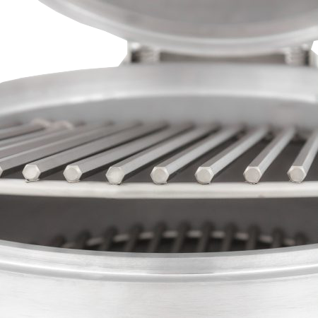 A close up of a stainless steel grill with the lid open.