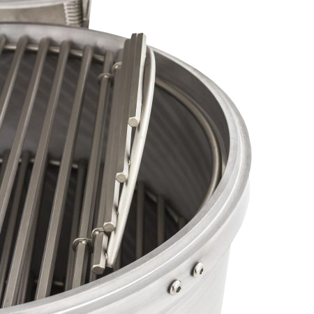 A close up of a stainless steel grill with the lid open