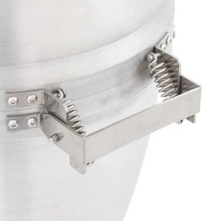 A close up of a stainless steel handle on a pot.